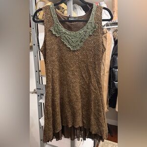 Very soft Sleeveless Brown Knit Midi Dress with Olive Crochet Neckline